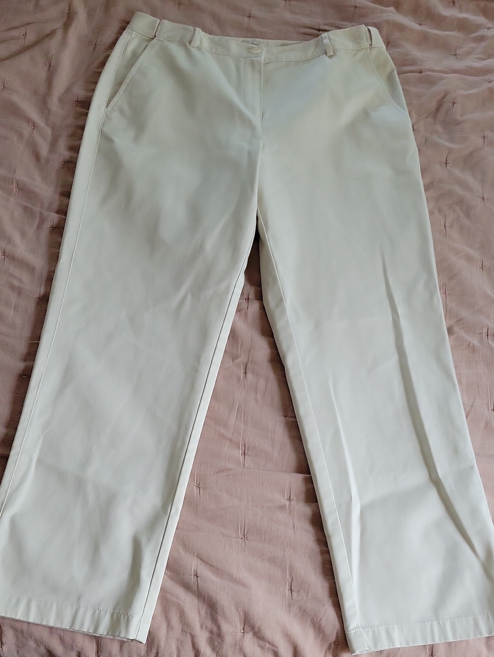 L.L. Bean Classic Fit Cream Cotton Pants With Hidden Elastic Waist, Petite